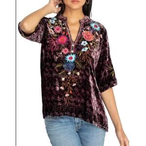 JOHNNY WAS Ulla Floral Embroidered Velvet Blouse size S flowers boho art-to-wear